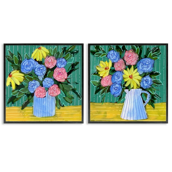 Stupell Industries Bright Flowers on Stripes Plants & Flowers Painting Black Framed Art Print Wall Art, 12 x 12, Set of 2
