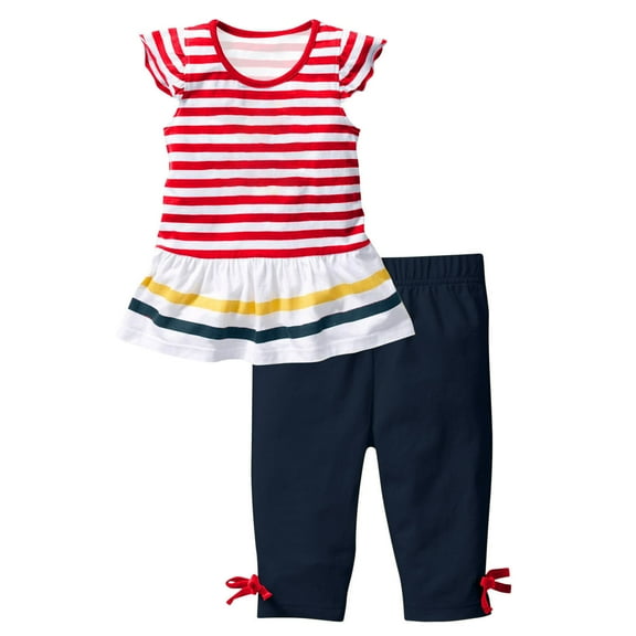 RYRJJ Kids Toddler Baby Girls Summer Clothes Cute Ruffle Short Sleeve Striped T Shirts and Capris Pants Outfits Sets
