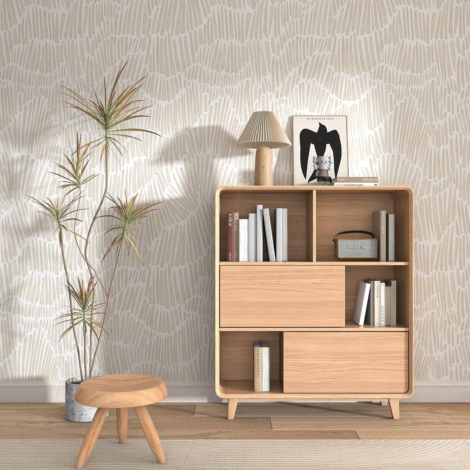 Beige Wallpaper 17.3"×393" Modern Striped Wallpapers Peel and Stick Wallpaper Vinyl Removable Self Adhesive Wallpaper for Bedroom Waterproof Wall Paper White and Gold Contact Paper