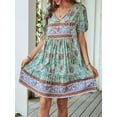 thumbnail image 3 of Women Casual- Summer Dress Boho V Neck Short Sleeve Babydoll Floral Print Flowy Beach Dress Green L, 3 of 8