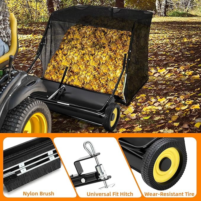52 in Tow Behind Lawn Sweeper, 27 cu.ft. Large Yard Sweeper, Adjustable Sweeping Height, Heavy Duty Leaf & Grass Collector with Dumping Rope, Pull Behind Sweepers for Debris Grass Clippings