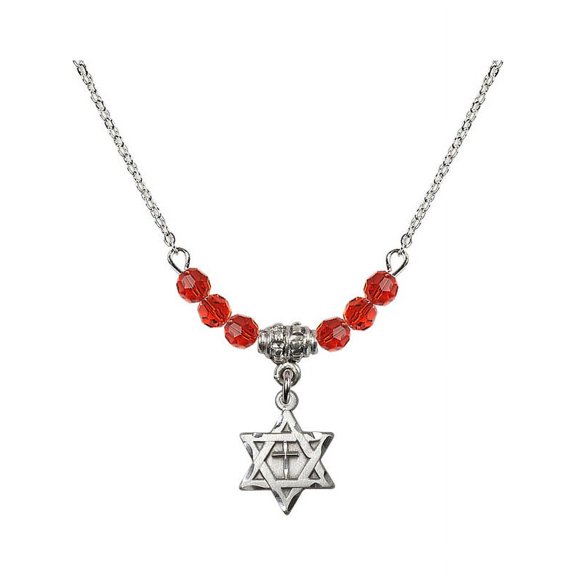 18-Inch Rhodium Plated Necklace with 4mm Red July Birth Month Stone Beads and Star of David w/ Cross Charm