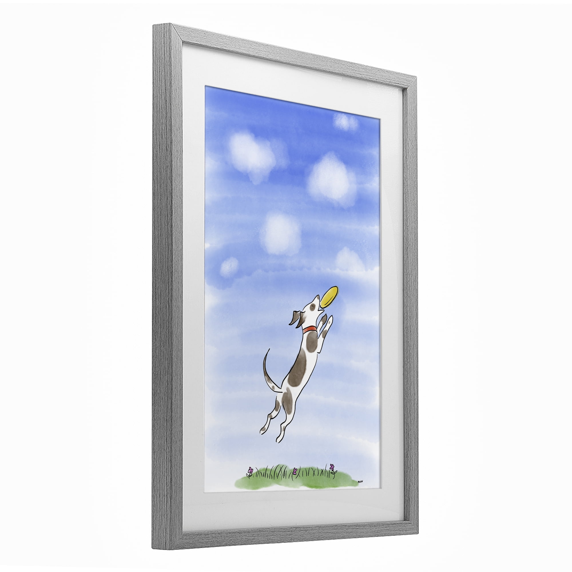 Stupell Industries Dog Catching Frisbee Gray Framed Print Under Glass, design by Patti Mann