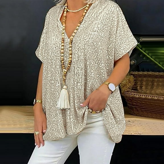 YEJIMAN Gold Plus Size Tunic Tops For Women, Polyester,Spandex Womens Tshirts Cotton, Women's Fashionable Spring and Summer Short Sleeved V Neck Solid Color Sequined T Shirt