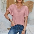 thumbnail image 4 of Wiyuqeen Solid Color Ruffle Sleeve Tunics for Women Basic Trendy Lace V Neck Blouses Ladies Comfy Hollow Out Tops Loose Fit T-shirts, 4 of 5