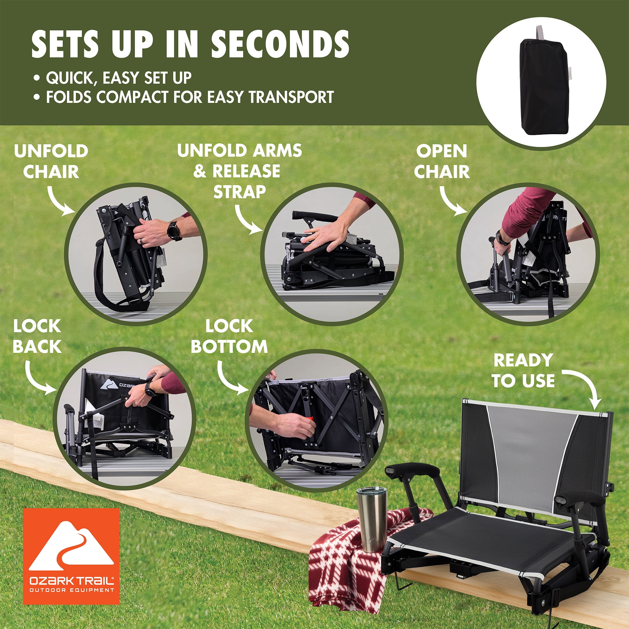 Ozark Trail Collapsible Hard-Arm Stadium Seat, Black