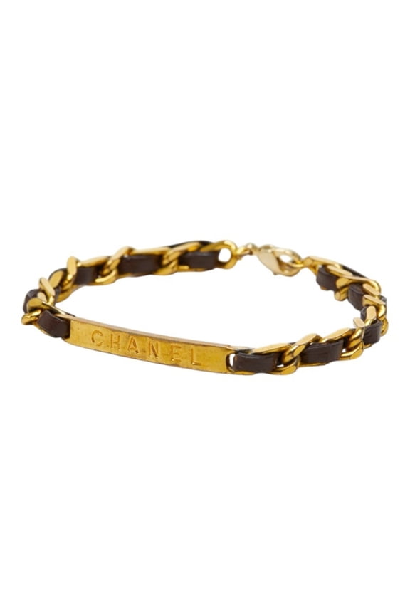 Pre-Owned Chanel Logo Bracelet, Gold and Brown Plated Leather, Women's.