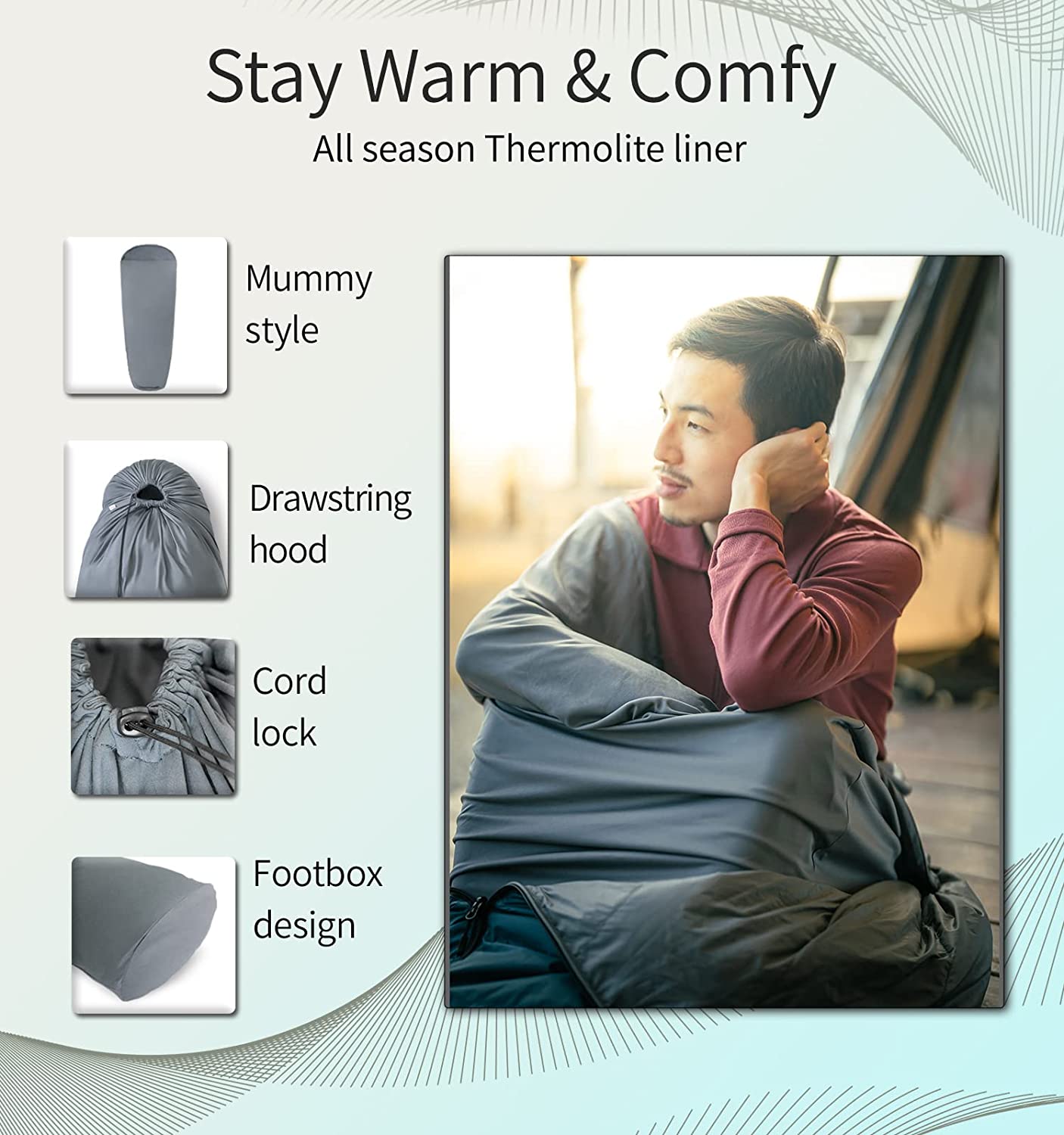 Litume Thermolite All Season Sleeping Bag Liner, Adds up to 22°F / 12°C Warmth, Mummy Sleep Sack with Drawstring Hood, Lightweight for Camping, Backpacking & Travel – Model E626