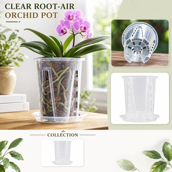 Clear Orchid Pot with Drainage, 4-Inch Transparent Plastic Planter for Phalaenopsis, Root Visibility, Includes Tray