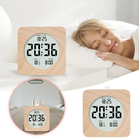Style Solid Wood Alarm Clock Wooden Clock Functional Electronic Clock Clock Wood 4'' Battery Powered Alarm Clock with Snooze and Nightlight,Wood Décor(Square)