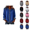 thumbnail image 1 of Womens Long Sleeve Tops 2026 Spring Fashionable Crewneck Button Down Denim Patchwork Casual Shirt Blouse Top, 1 of 7