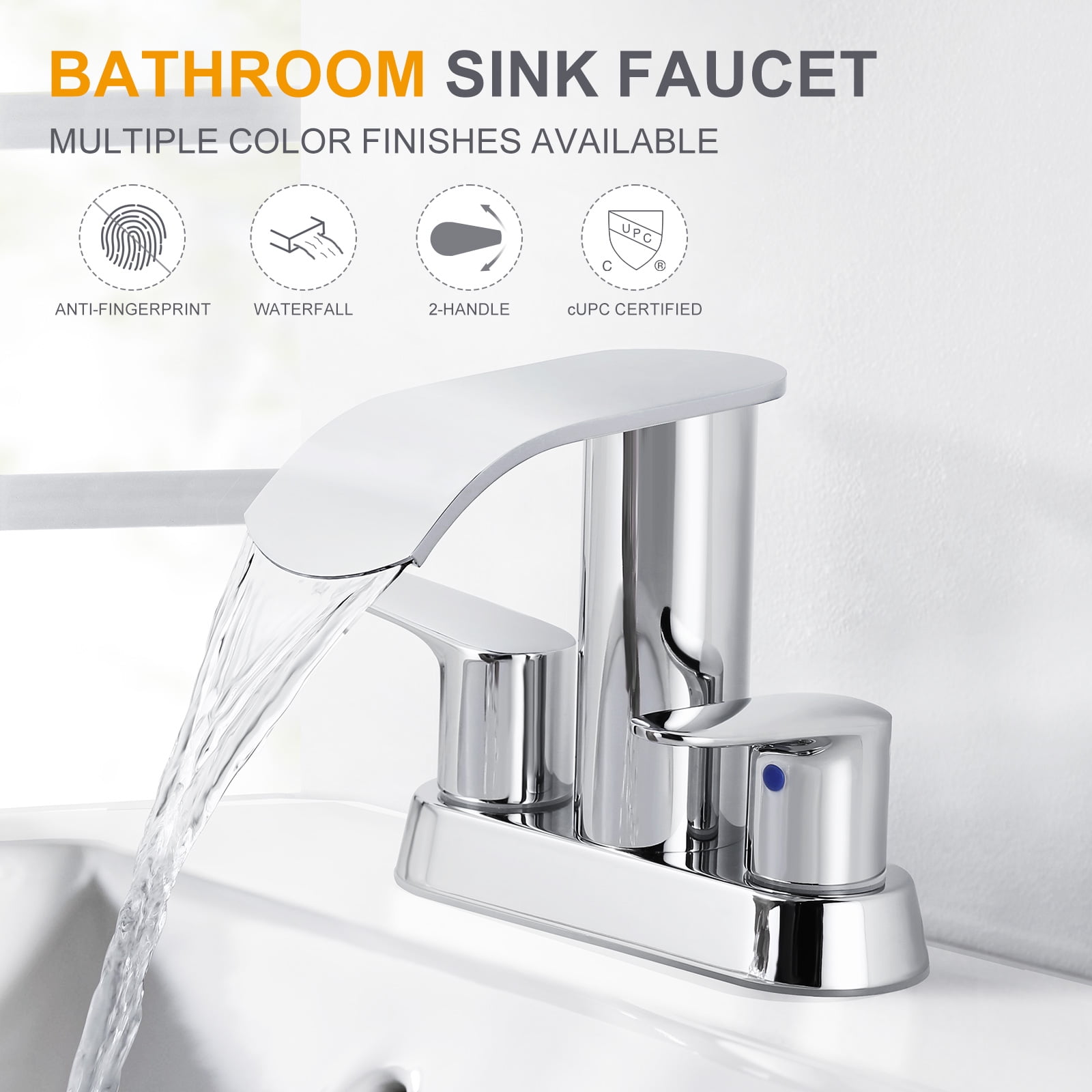 WOWOW Waterfall Bathroom Sink Faucet,Chrome Two Handles Bathroom Faucet with Metal Pop up Sink Drain Stopper, 2 or 3 Holes Bathroom Basin Lavatory Mixer Tap with Deck Mount Plate