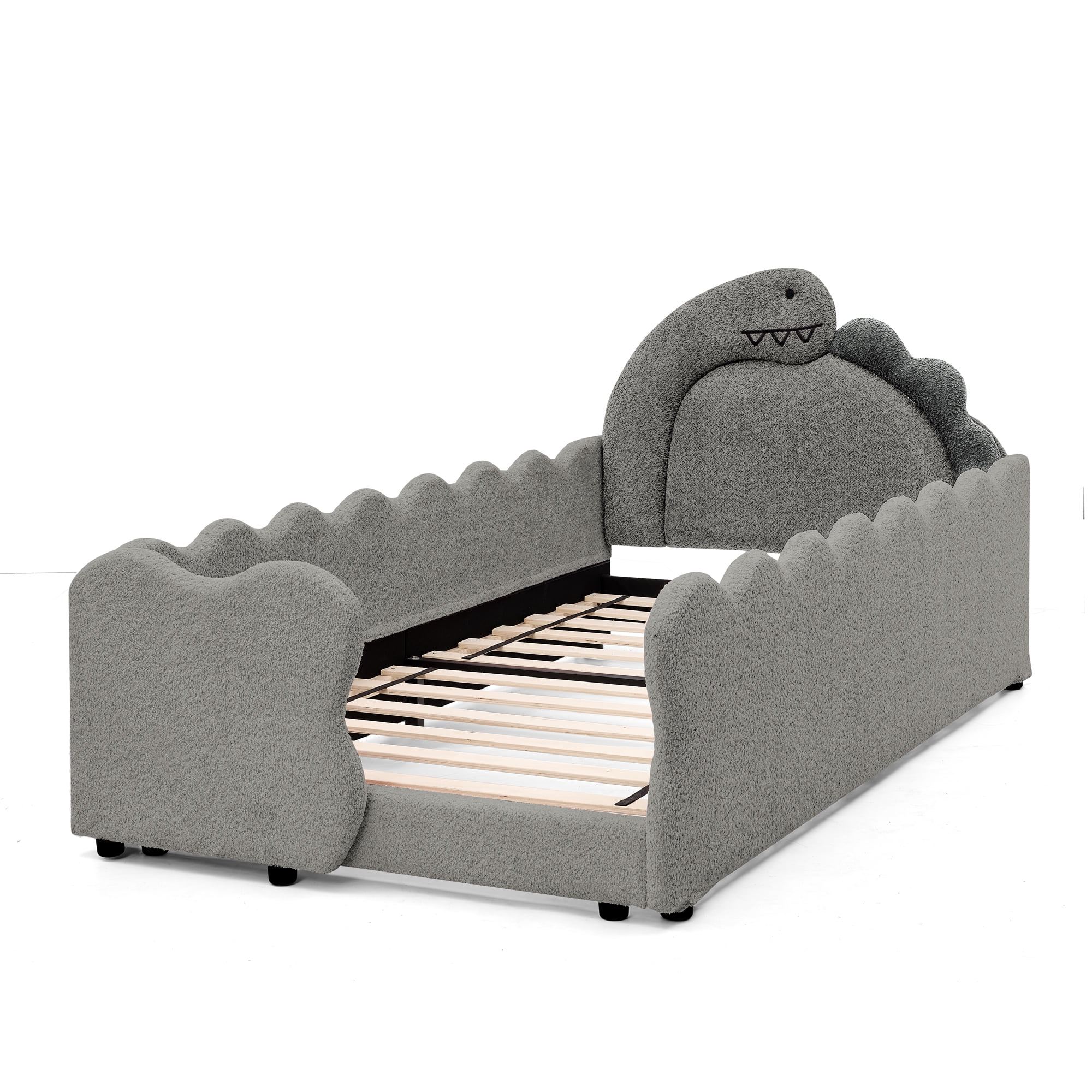 AISWORD Twin Size Kids Bed with Dinosaur Headboard, Upholstered Daybed with Slats Support & Side Pocket, Space-Saving Wooden Corner Sofa Bed, Grey