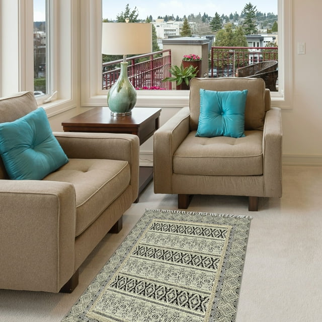 Casavani Handblock Printed Cotton Area Rug Living, Dining, Bedroom Area Carpets, Gray 8x10 Feet
