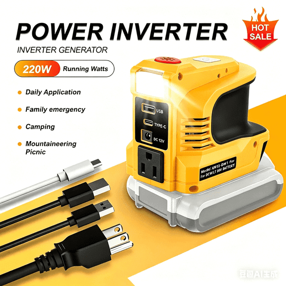 Power Inverter for DEWALT 20V Battery, 220W AC to 110V-120V with USB-C & 12V DC Outlets, LED Light, Tool Only