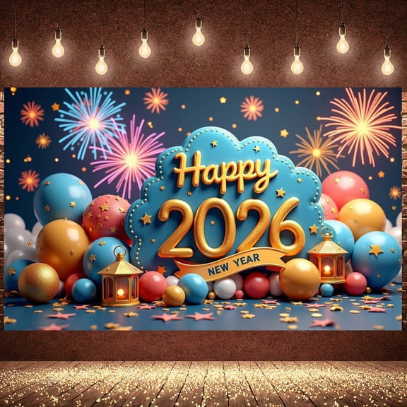 Colorful Fireworks Happy 2026 Banner Golden Letters New Year Display Cloud-shaped Star Decorations Festive Backdrop for New Year Eve 2026 Celebration Holiday Party