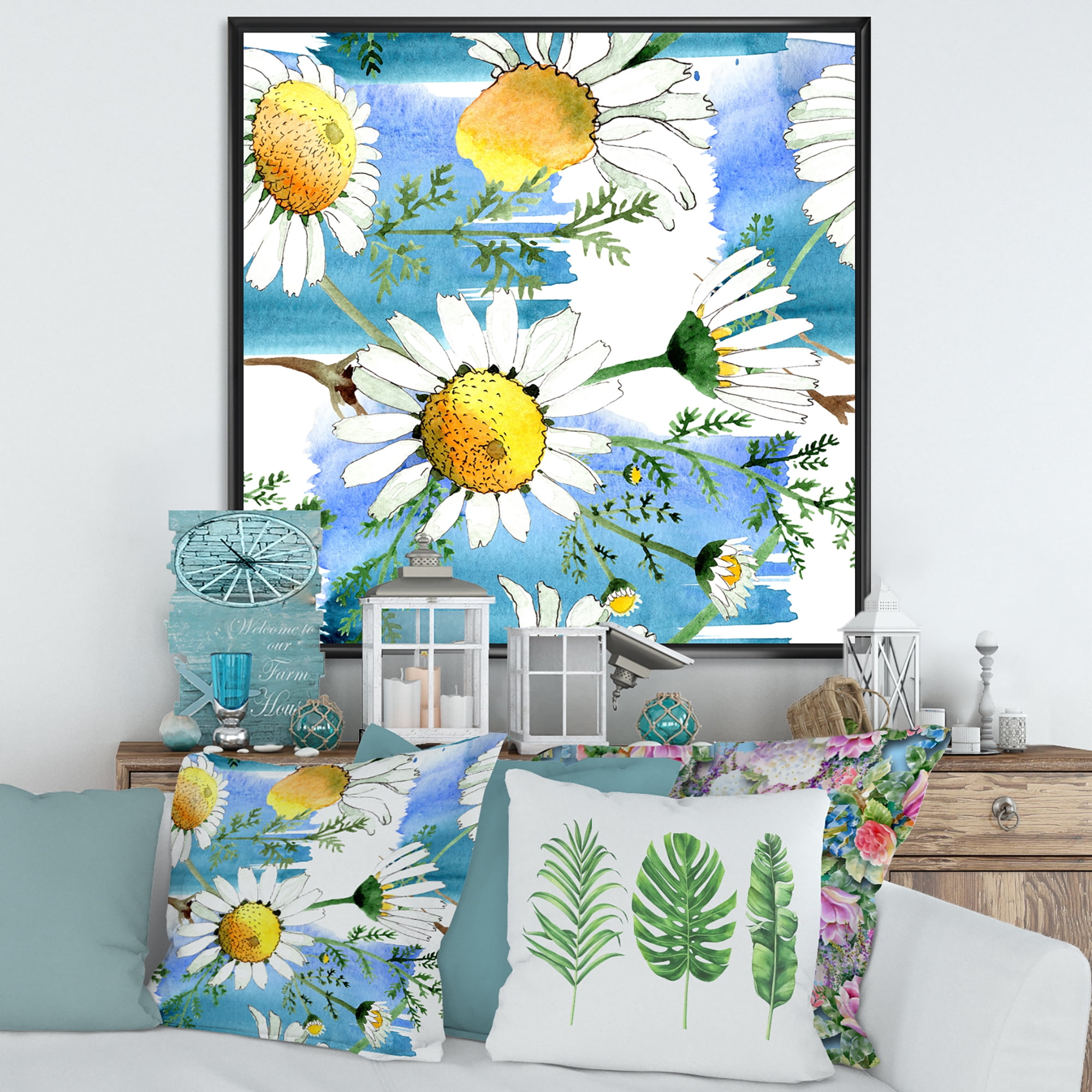 Designart 'Wild Spring White Chamomile Flowers' Traditional Framed Canvas Wall Art Print