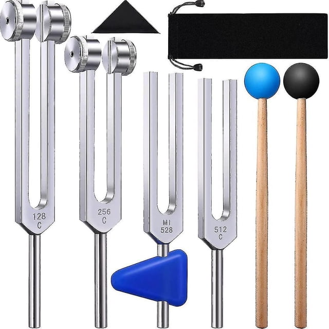 Juego de 4 diapasones (128 Hz, 256 Hz, 512 Hz, 528 Hz) con martillo de diapasón para vibración de sonido UMR