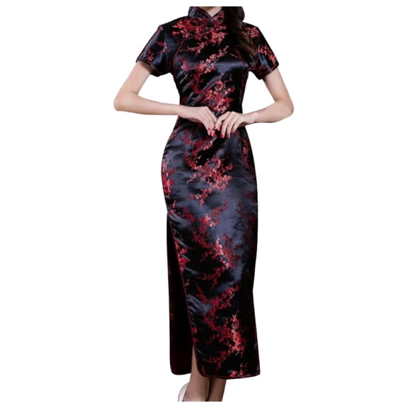 XIAOCHA Vintage Cheongsam Dress Summer Embroidered Short Sleeve Traditional Qipao Dress Formal Evening Maxi Gown