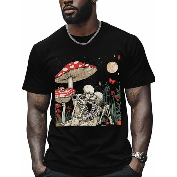 Couple Skull Kiss Men's T Shirts Mushroom T-Shirt for Men Crew Neck Tees Cotton Tops, Black, S