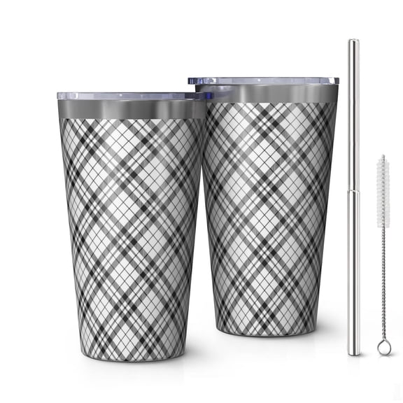 16oz Tumblers Black White Plaid Checkered Pattern Stainless Steel Vacuum Insulated Double Wall Travel Tumbler Cups Mug with Lid and Straw,Cleaning Brush for Coffee,Tea