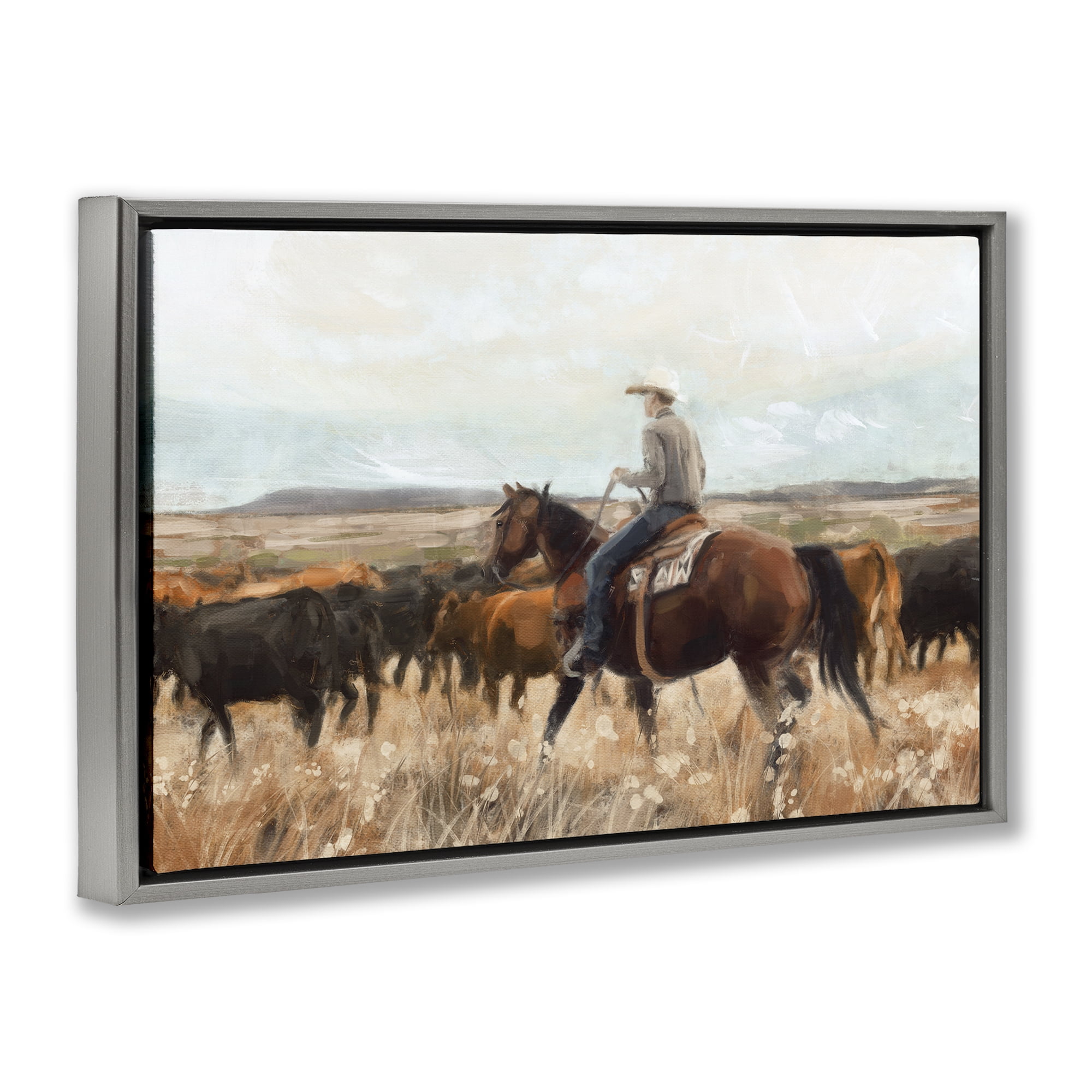 Stupell Industries Cowboy On The Range Landscape & Nature Painting Gray Floater Framed Canvas Art Print Wall Art, 25 x 17