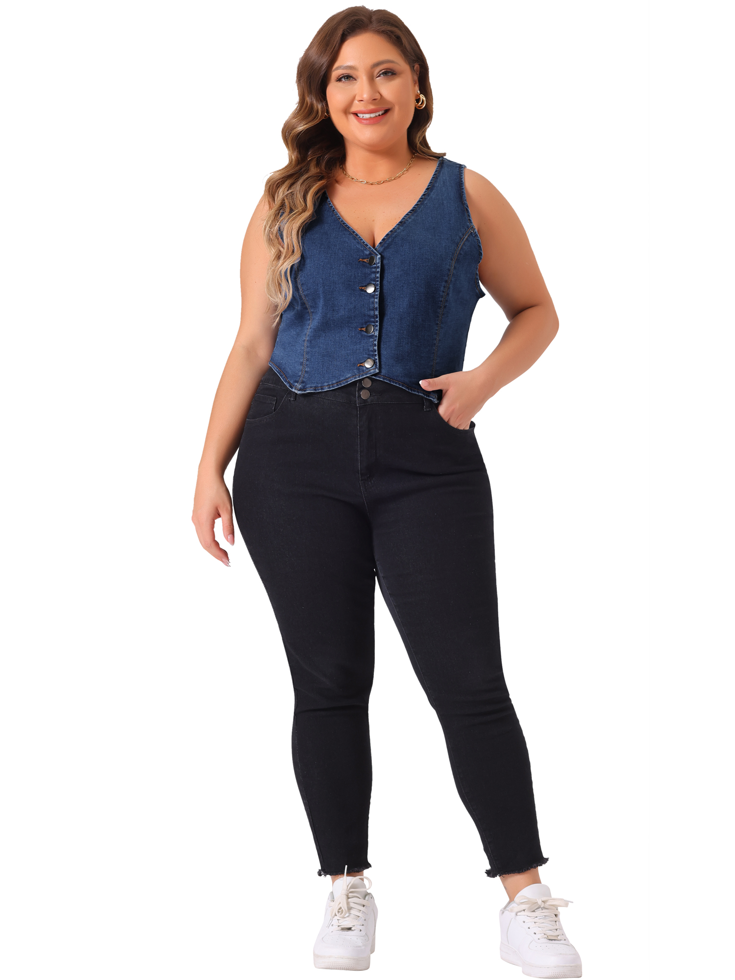 DARING DIVA Women's Plus Size Sleeveless V Neck Button Down Casual Denim Vest 3X Blue