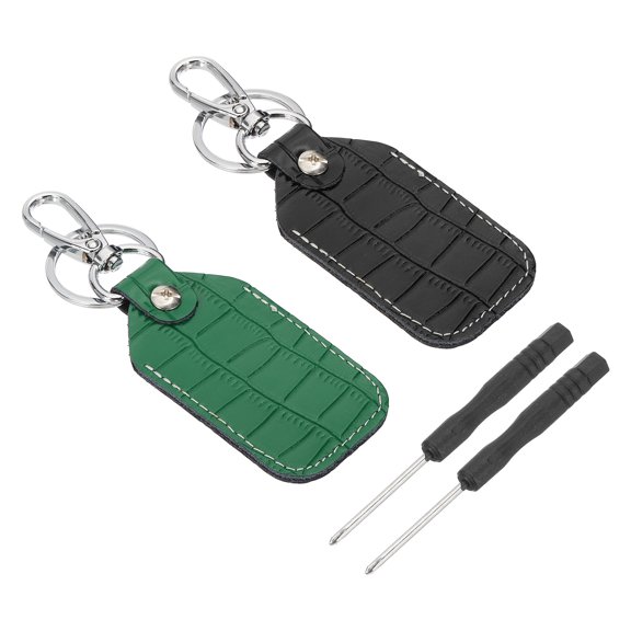 Uxcell Leather Key Fob, 2 Pcs Genuine Leather Key Cover RFID Key Fob Protector Air Tag Holder Keychain Case with Key Ring & Screwdriver for Car Key ID Key Card Black/Deep Green