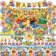 Winnie The Pooh Birthday Party Supplies, 116 Pcs Winnie Party Decorations Set Include Banners, Backdrop, Plates, Tablecloth, Cup, Paper Towel, Forks, Spoons, Straw, Cake Topper (10 Guests) MS