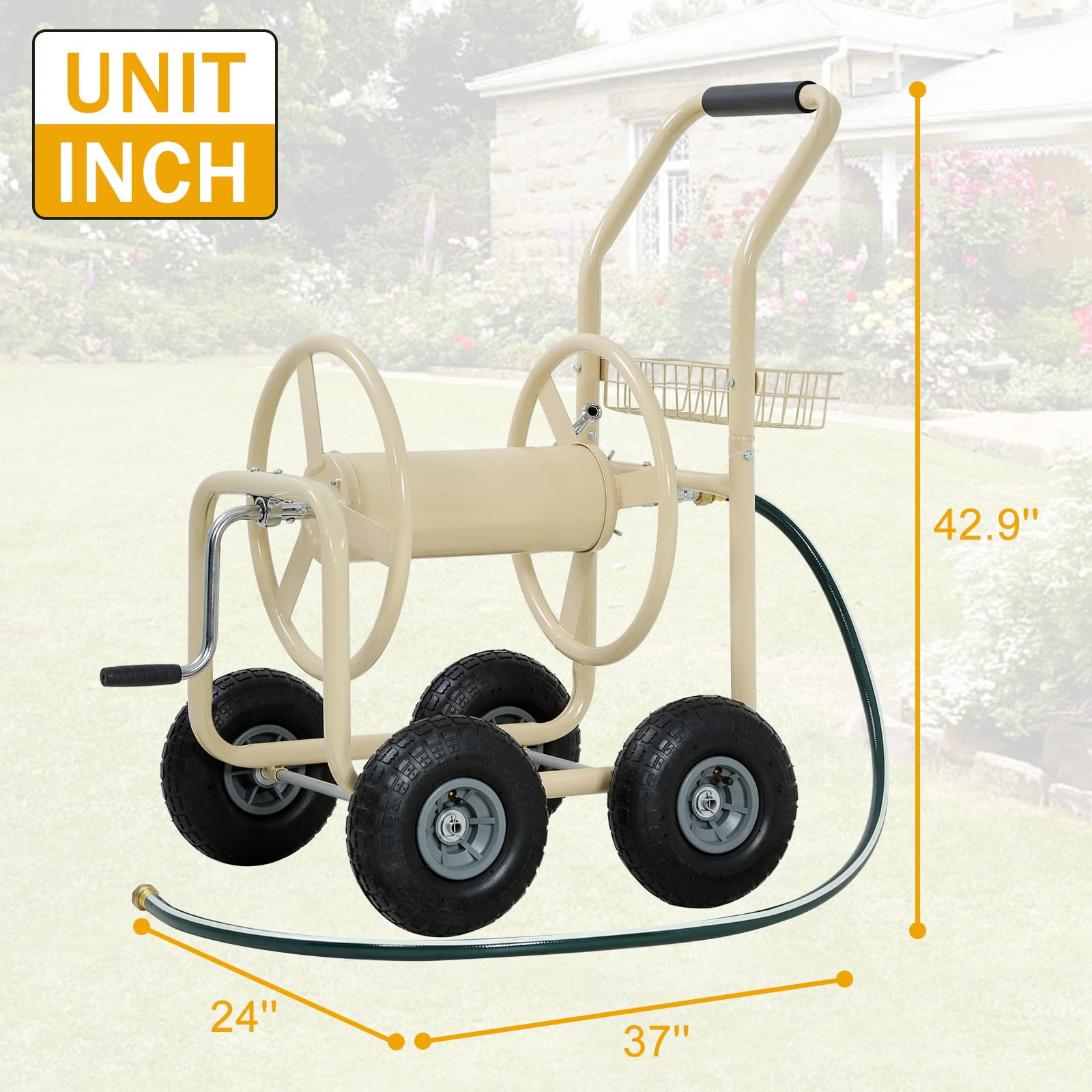 Garden Hose Reel Cart,  Hose Reel Cart with  4 Wheels, Heavy Duty Outdoor Water Planting Truck with Storage Basket (Tan)