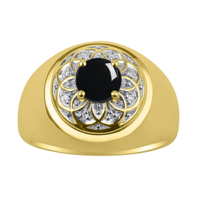 RYLOS Men's Rings 14K Yellow Gold Designer Gypsy 7MM Round Gemstone & Diamond Ring Cabochon Onyx October Size 10