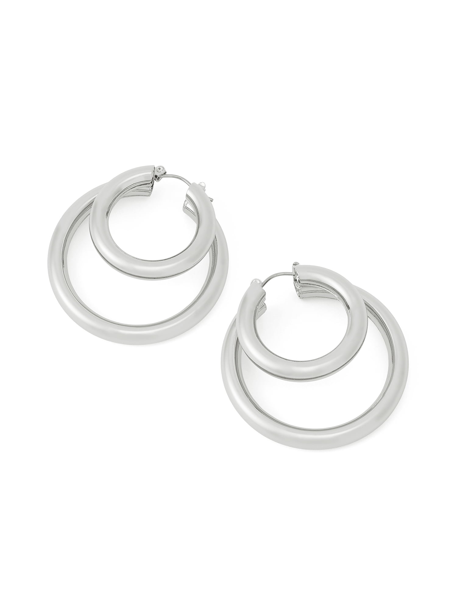 Madden NYC Women's Fashion Rhodium Double Layered Hoop Earrings