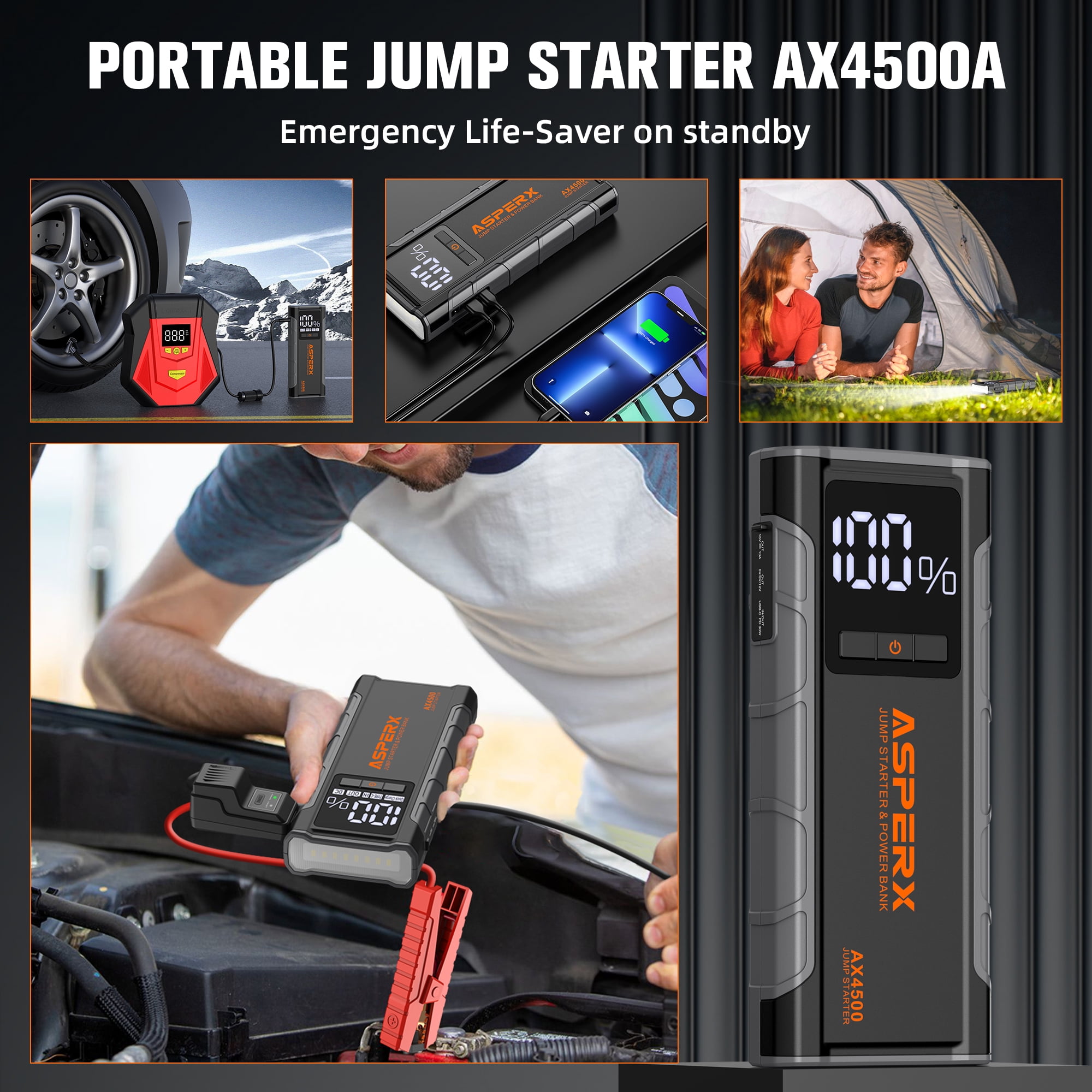 ASPERX Jump Starter 4500A Peak,Battery Starter for Car Up to All Gas and 10.0L Diesel Engines,USB-PD 30W Fast Charging Heavy-Duty Booster Built-in LED Light-Black