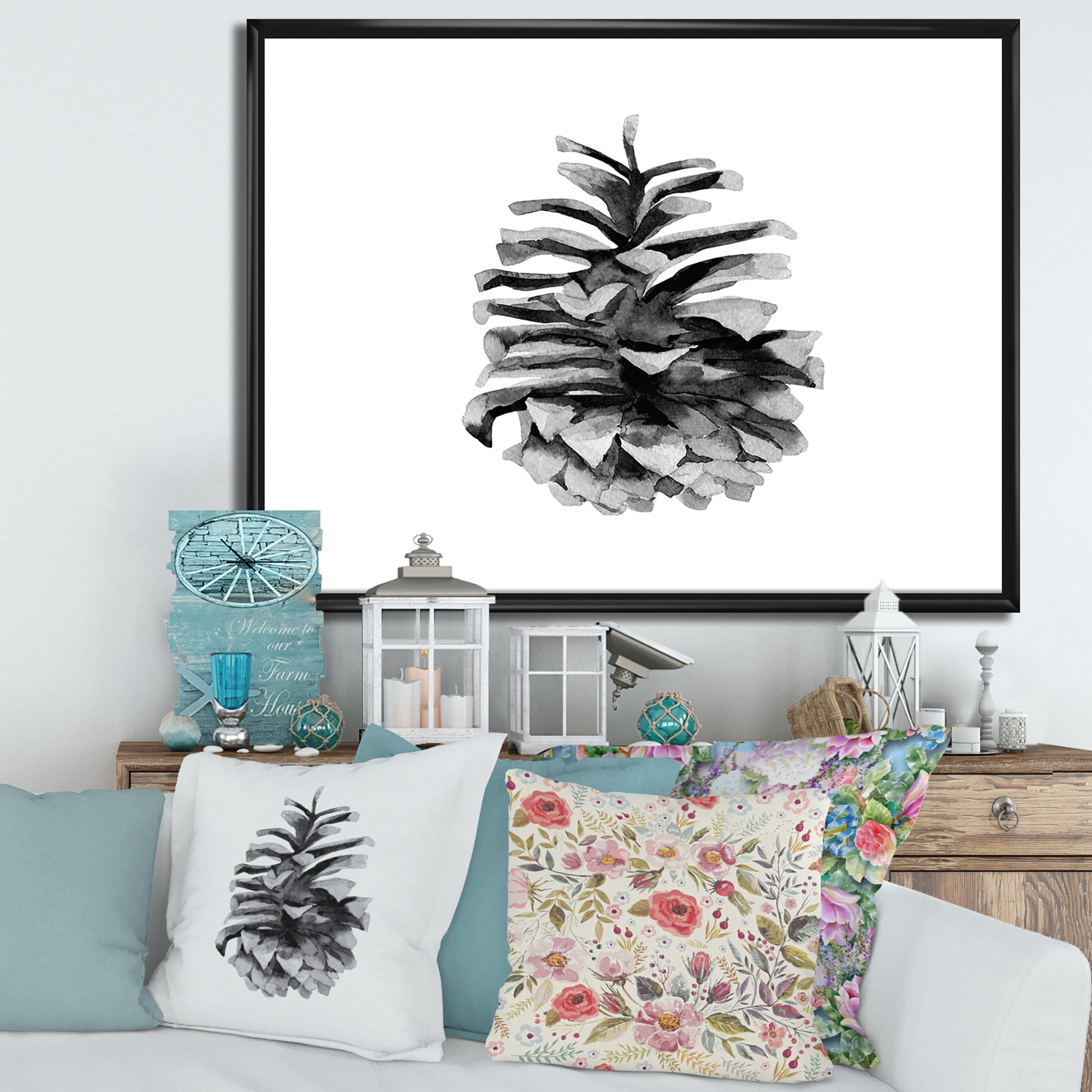 Designart 'Conifer Cone Black and White' Traditional Framed Canvas Wall Art Print