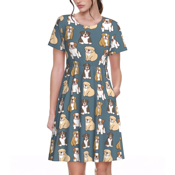 Disketp Cartoon Bulldog 1 para Vestido de Manga Corta para Mujeres, Vestidos de Verano para Mujeres, Casual y Holgado para la Playa