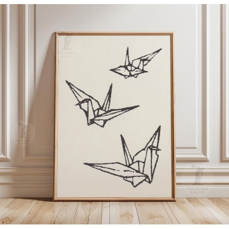 Origami Crane Line Wall Art Print With Minimal Japanese Bird Decor
