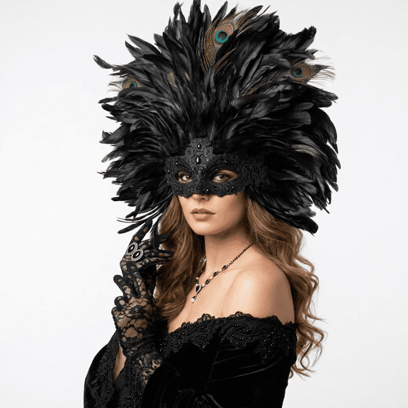 Black Women Venetian Feather Masquerade Party Mask For Adult Mardi Gras , Halloween