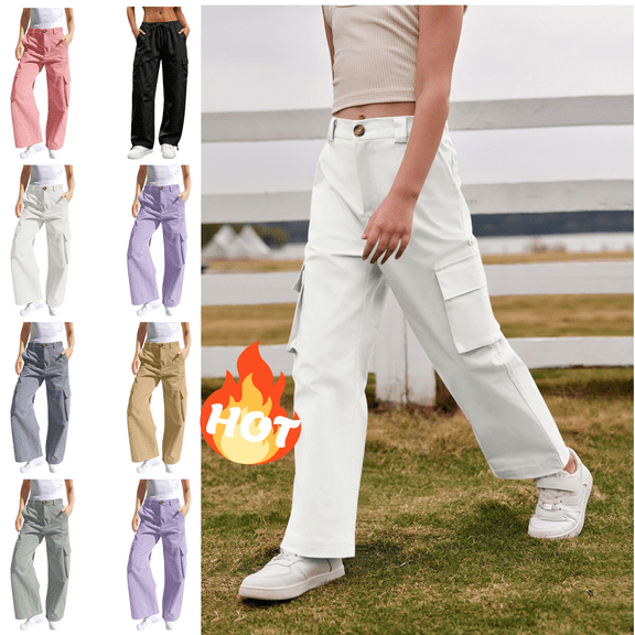 Mifsaly Girls Cargo Pants with Multi Pockets Kids High Waist Wide Leg Sweatpants Comfy Breathable Casual Outdoor Outfits
