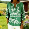 thumbnail image 5 of Womens Boho Linen Tops 3/4 Sleeve Shirt V Neck Floral Printed Beach Travel Outfits for Women Spring Summer (XL, Green), 5 of 5