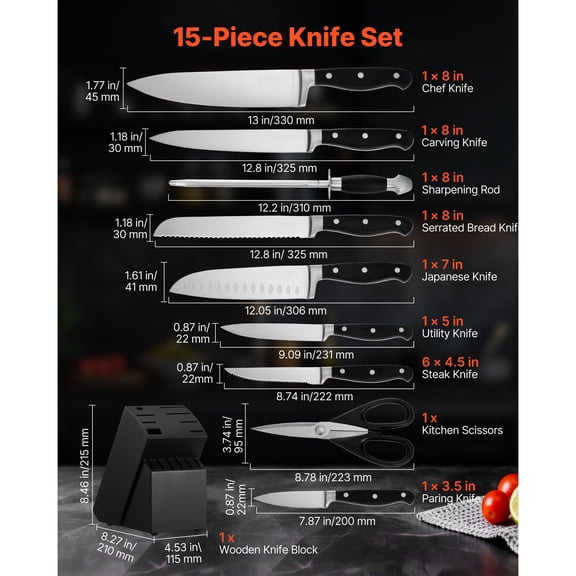 Kitchen Knife Set with Block&Sharpener,15 Piece High Carbon Stainless Steel Sharp Knife Set,Kitchen Cutlery with Crack-Resistant Handle,Sharpening Rod&Wooden Block,for Home Cooks