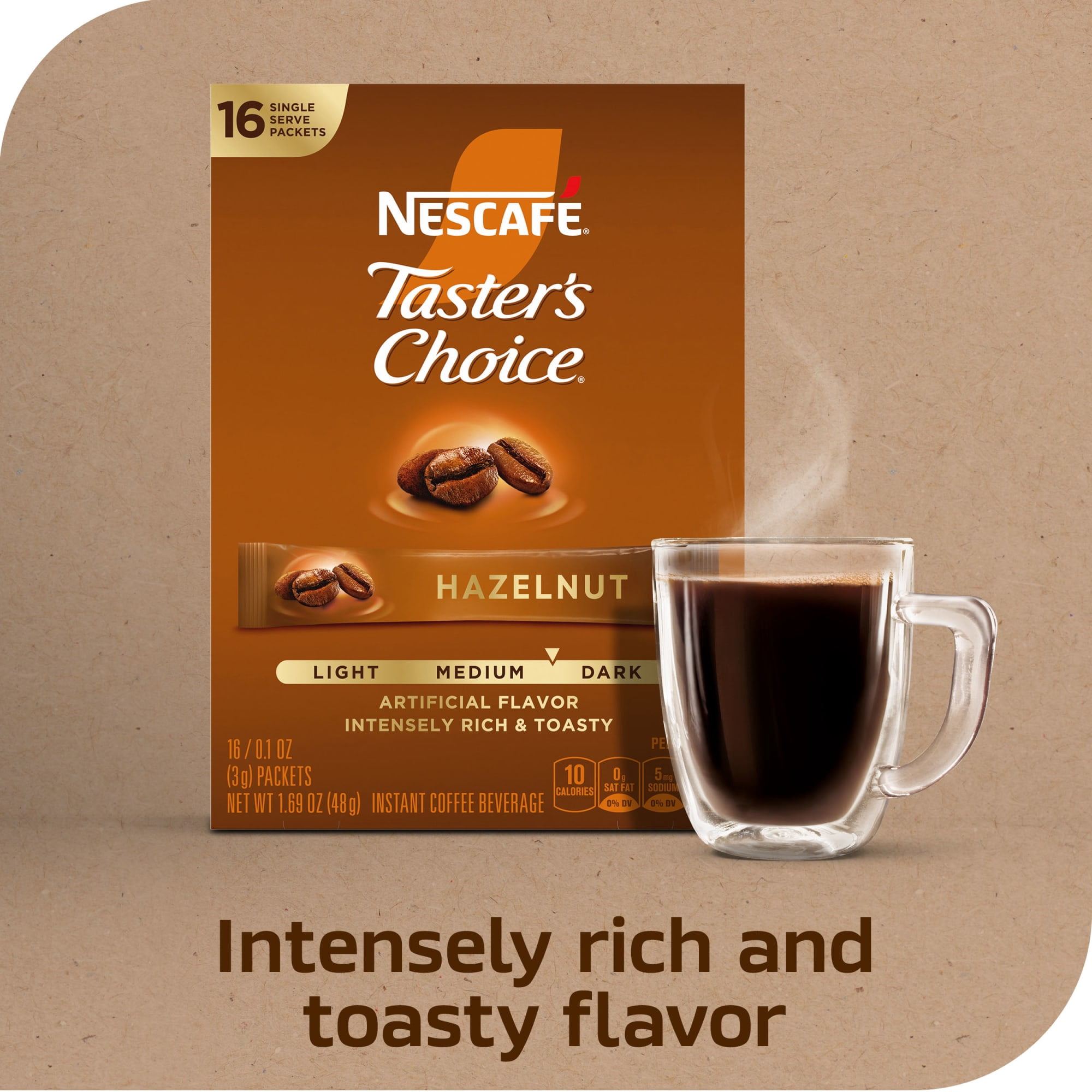 NESCAFÉ Taster's Choice, Hazelnut Flavored Coffee, Instant Coffee Packets, 1 Box, 16 Packs