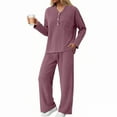 thumbnail image 2 of felwors Women 2 Piece Pajamas Sets Long Sleeve Casual Ribbed Lounge Set Fall Pj V Neck Loungewear Outfit Wine, XS, 2 of 8