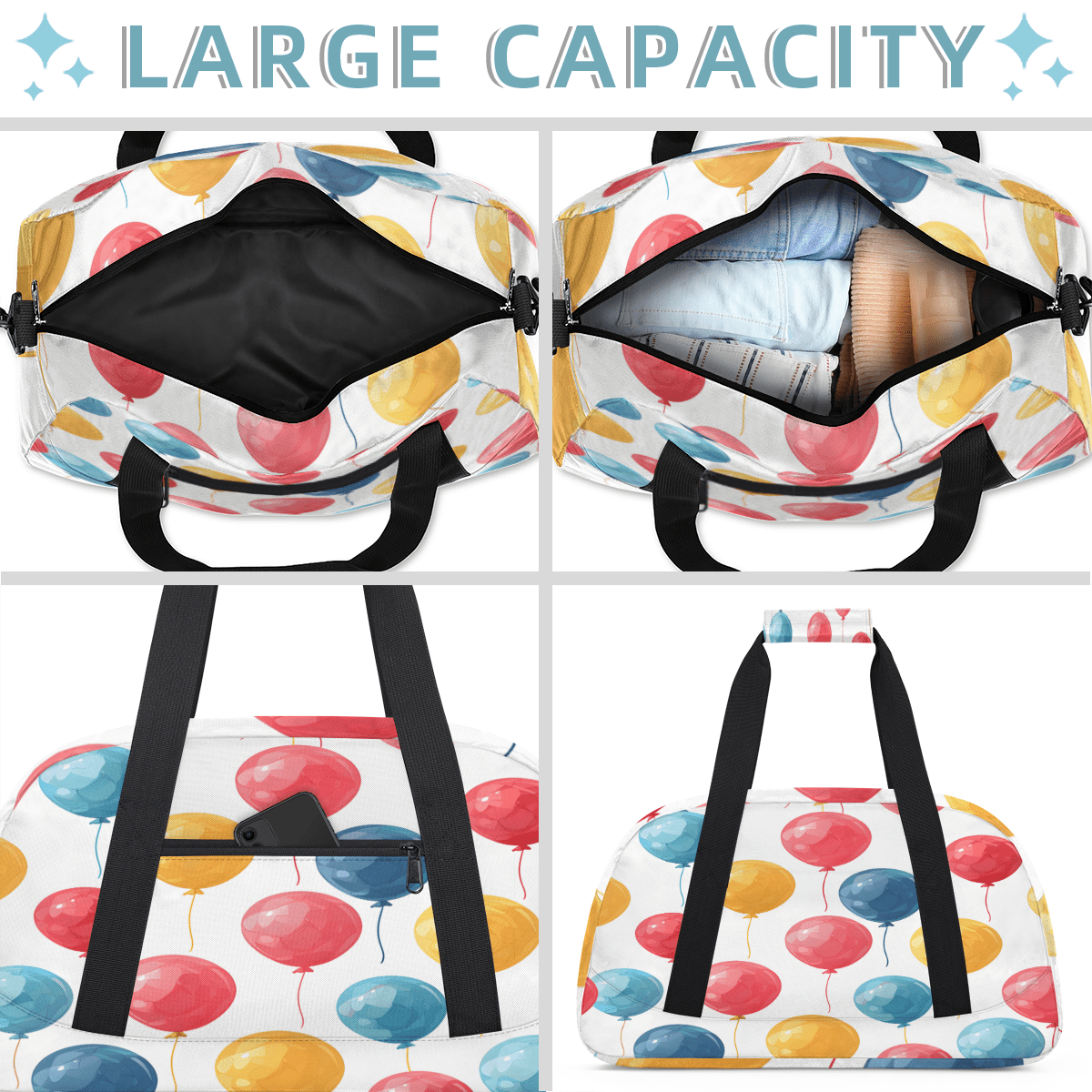 Herdesigns Colorful Balloons Sports Duffle Bag for Women & Men, Happy Birthday Gym Bag Dance Bag Overnight Bag Carry On Weekender Travel Bag
