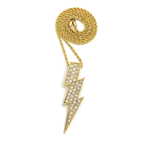 Stone Stud Lightning Bolt Pendant with 3mm 18" Rope Chain Necklace, Gold-Tone