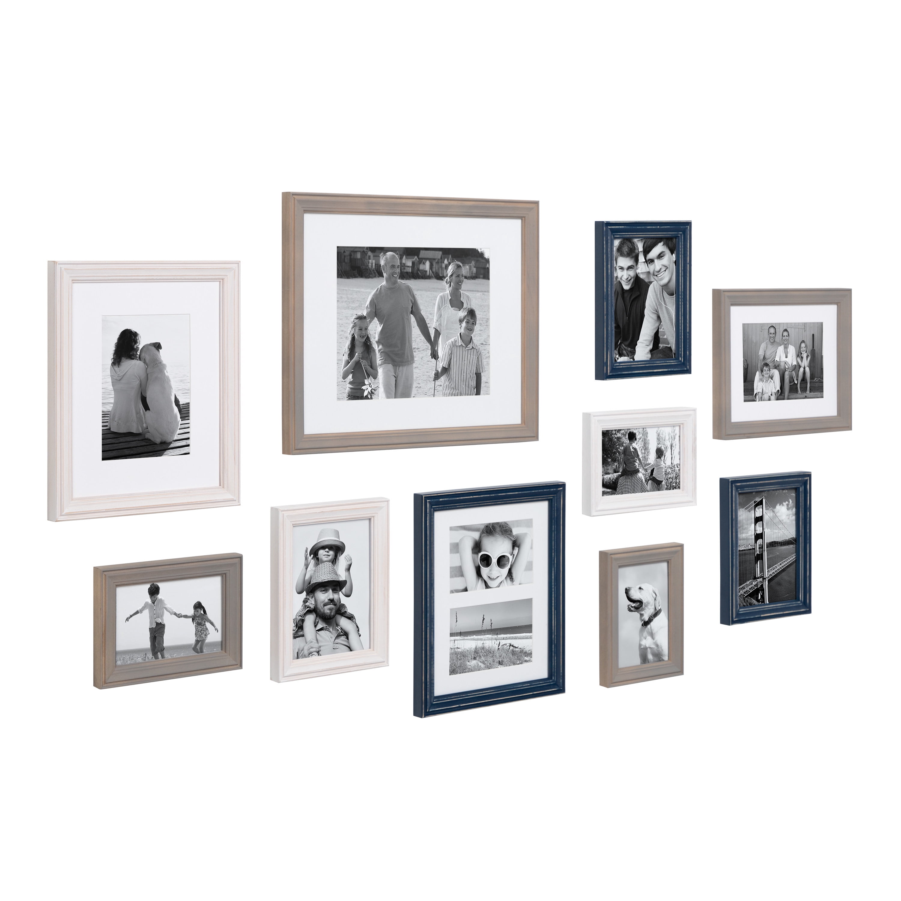 Kate and Laurel Bordeaux Coastal Gallery Wall Kit, Set of 10 with Assorted Size Frames in 3 Different Finishes, White, Blue and Gray