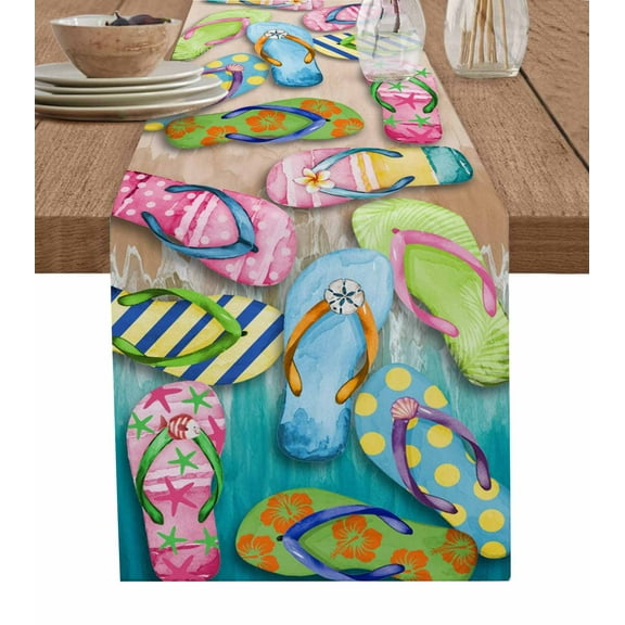 Colorful Flip Flops Burlap Cotton Table Runner 13x48 Inches Long, Summer Blue Beach Ocean Farmhouse Table Runners, Outdoor Dining Tablecloths Decor for Baby Shower/Party/Wedding
