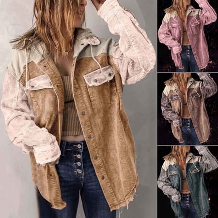 Juebong Corduroy Shackets for Women Oversized Vintage Barn Jacket Fall Lightweight Wash Lapel Long Sleeve Hoodie Jackets Coat Pink S
