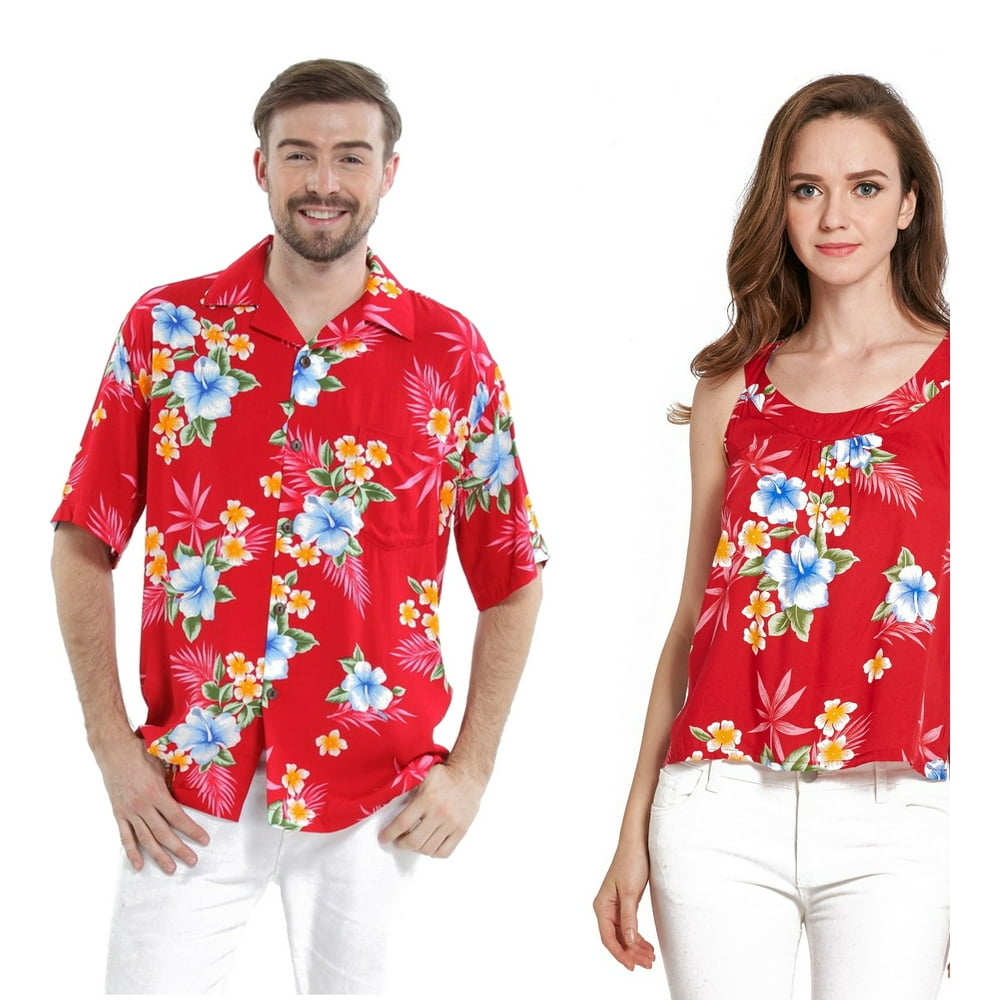 Couple Matching Hawaiian Luau Outfit Aloha Shirt and Tank Top in Hibiscus Red Men L Women XL