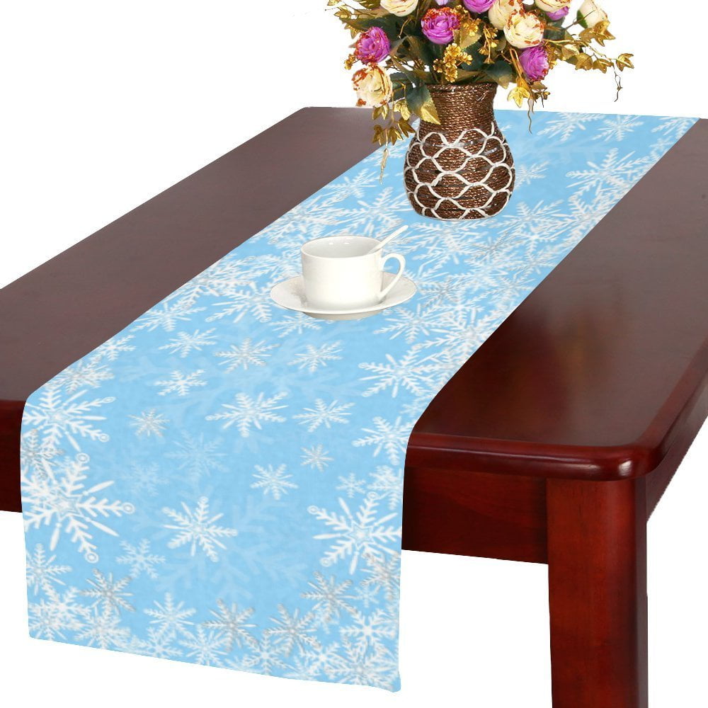 MYPOP Christmas Snowflake Long Table Runner 16x72 incheses, White and Blue Winter Snow Rectangle