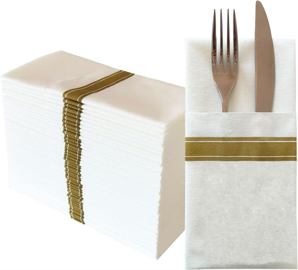 NOGIS 50 Pack Gold Paper Dinner Napkins with Builtin Flatware Pocket